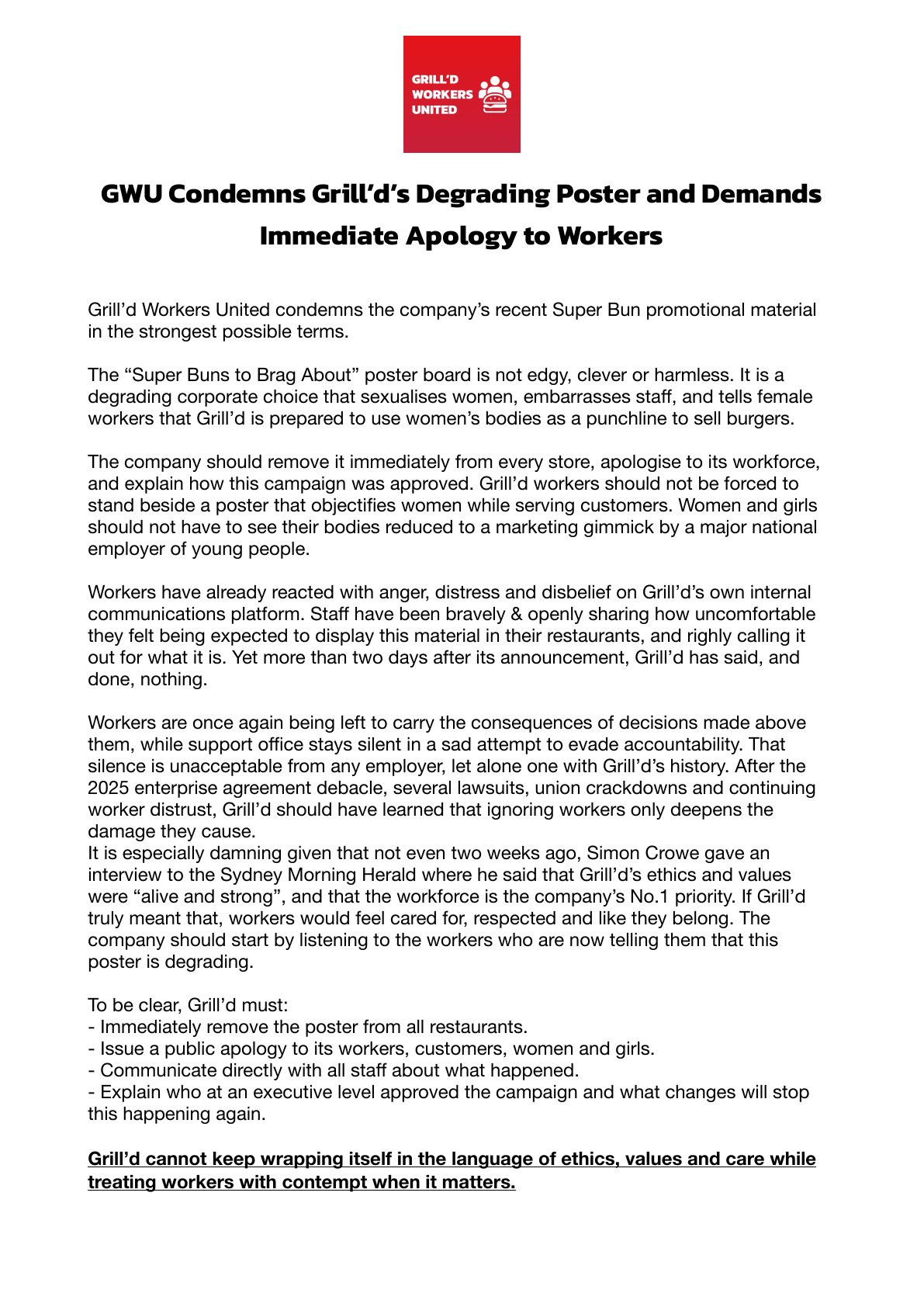 Grill'd Workers United statement condemning Grill'd's degrading poster and demanding an immediate apology